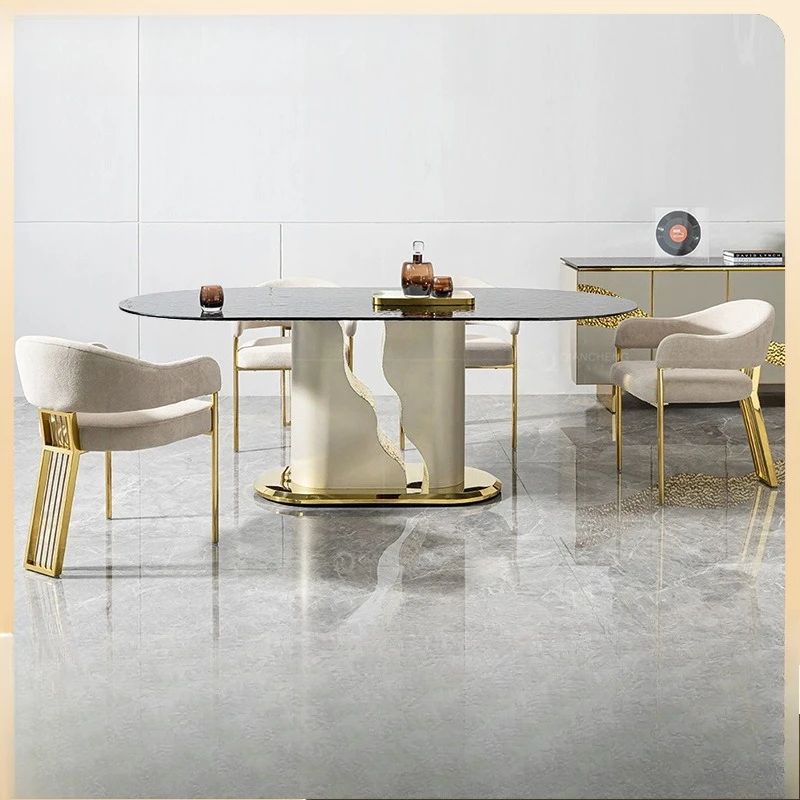 

Light luxury tempered glass dining table, household high-end modern 8-10 people dining table, stainless steel dining table and c