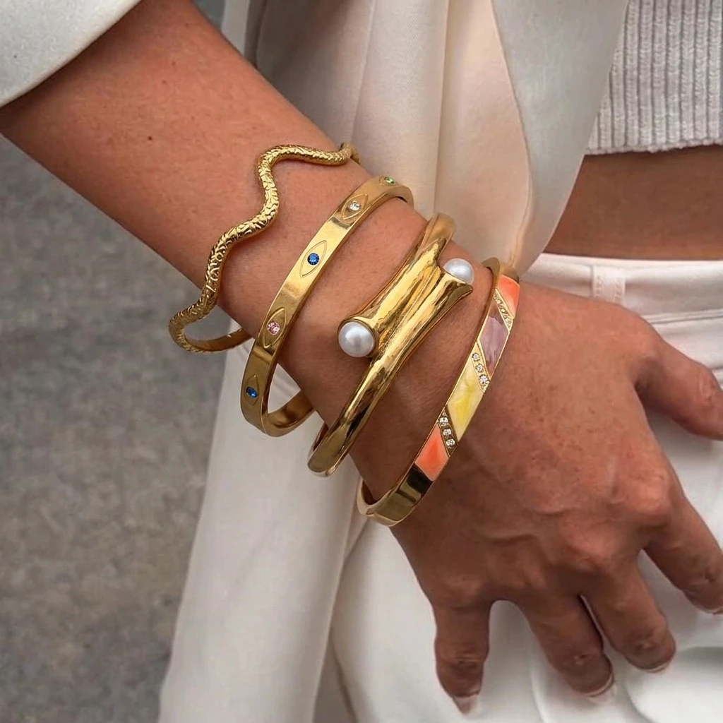 

4PCS/Set Stainless Steel Pearl Zircon Wave Bracelet for Women Vintage Simple Luxury Design Elegant Wristband Jewelry Gift