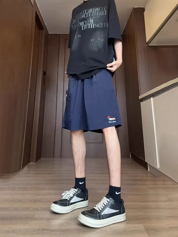 

Qui Dry Four Inch orts in k Blue with Embroidery High Waist for Teenage Boys American Sle Casual Five Inch mid Pants