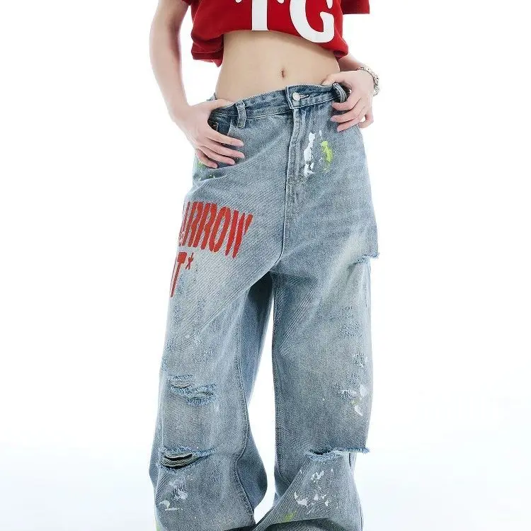 

Washed embroidered ripped jeans for men and women loose wide leg pants, American style personalized street retro jeans