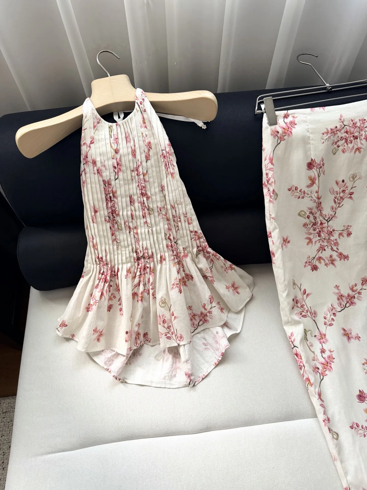 Women Pink Flower Print Linen Set O-Neck Backless Sleeveless Pleated Vest + High Waist Straight Long Skirt
