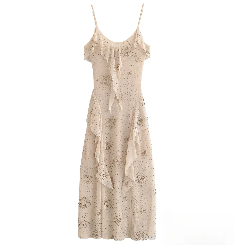 KONDALA Vrouwen Herfst Beige Slanke Jurk Founced edge Kralen Cami Lange Jurk Nieuwe 2025, Lente/Zomer Mode Vakantie Feest Strand Jurk