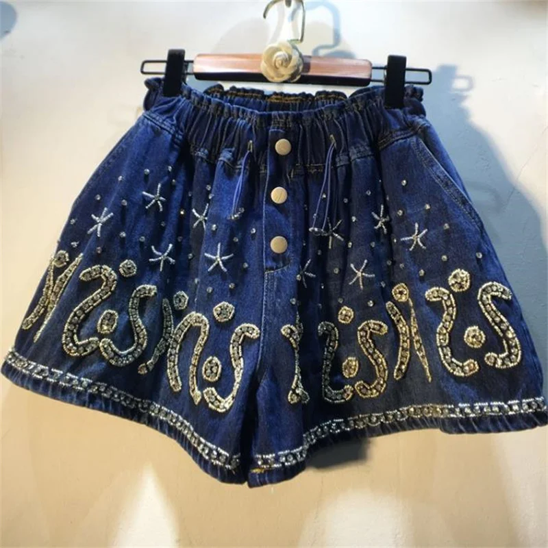 

New diamond beaded high-waisted thin wide-leg denim shorts elastic waist women's pants