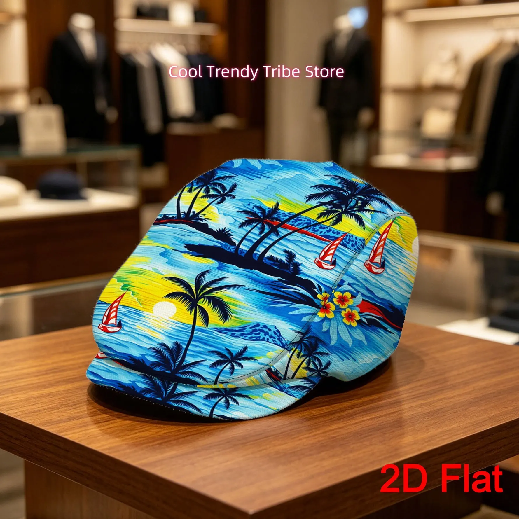 1pc 2D Flat with Tropical Sailboat Paradise Scene Print Vintage Gentleman'S Hat Painter'S Hat Men Beret Hat Flat-Top Hats Easy