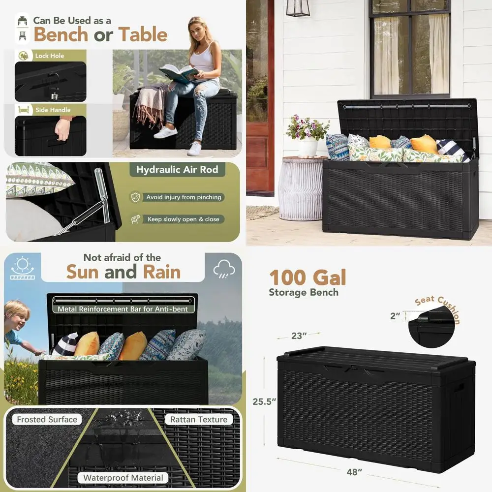 

100 Gallon Weatherproof Cushioned Deck Box with Lockable Storage for Outdoor Patio, Tools, and Pool Gear (Black)