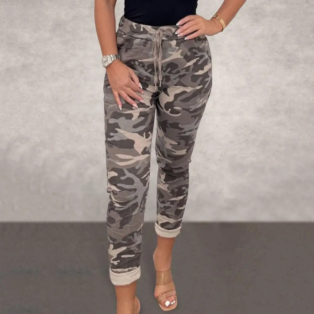 

Women Ninth Pants with Side Pockets Camouflage Print Women's Slim Fit Drawstring Pants with Elastic Waist Side Pockets for Sport