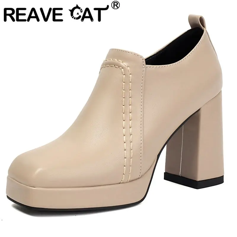 

REAVE CAT Женские туфли-лодочки в стиле ретро с квадратным носком на массивном каблуке 9,5 см, платформа 2 см, молния 43, 44 45, 46 47 Классические повседневные офисные женские туфли