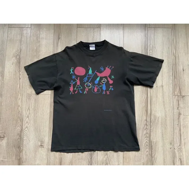 Vintage Mens Fundacio Joan Miro Art Personnages Painting Abstract Black T Shirt