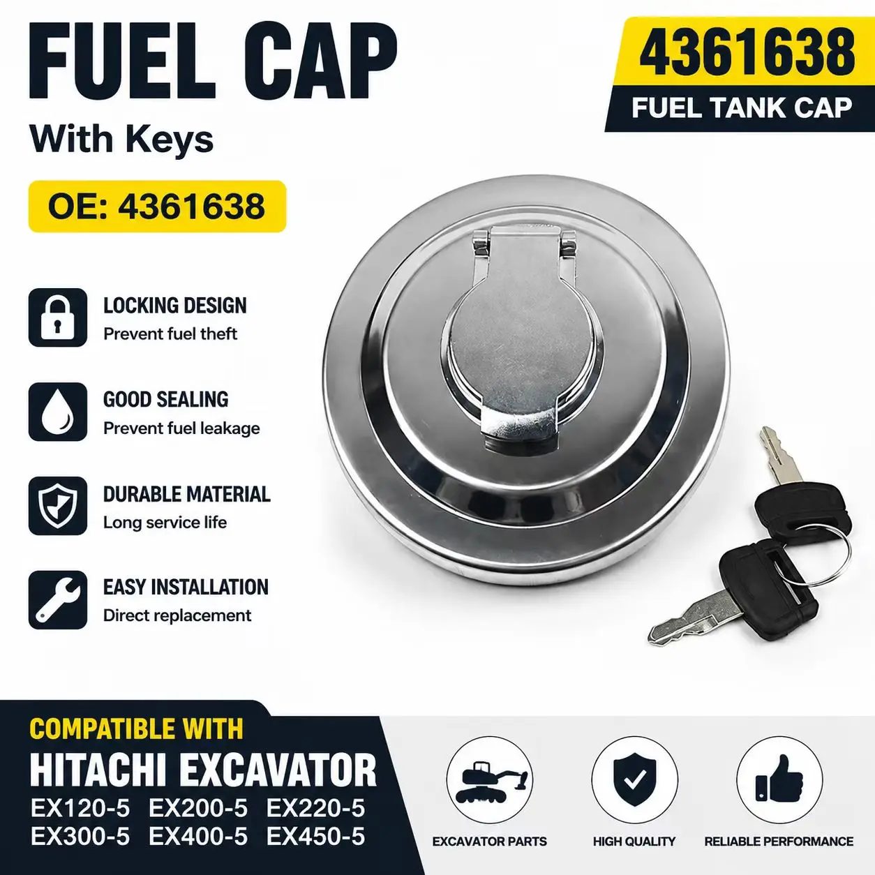 4361638 Locking Fuel Cap With Keys For Hitachi Excavator EX120-5 EX200-5 EX220-5 EX300-5 EX400-5 Parts