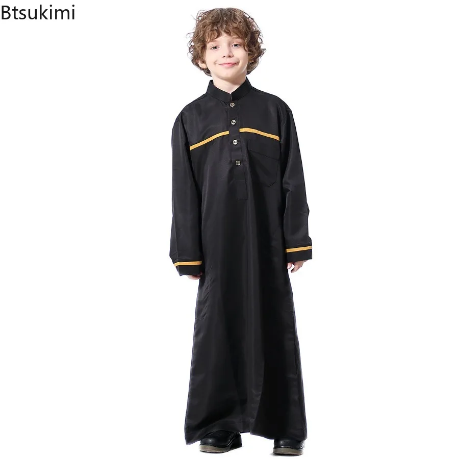 2025 Mid East Arab Muslim Boys Clothes Kids Abaya Caftan Long Sleeve Stand Collar Robes Islamic Ramadan Clothing Children Kaftan