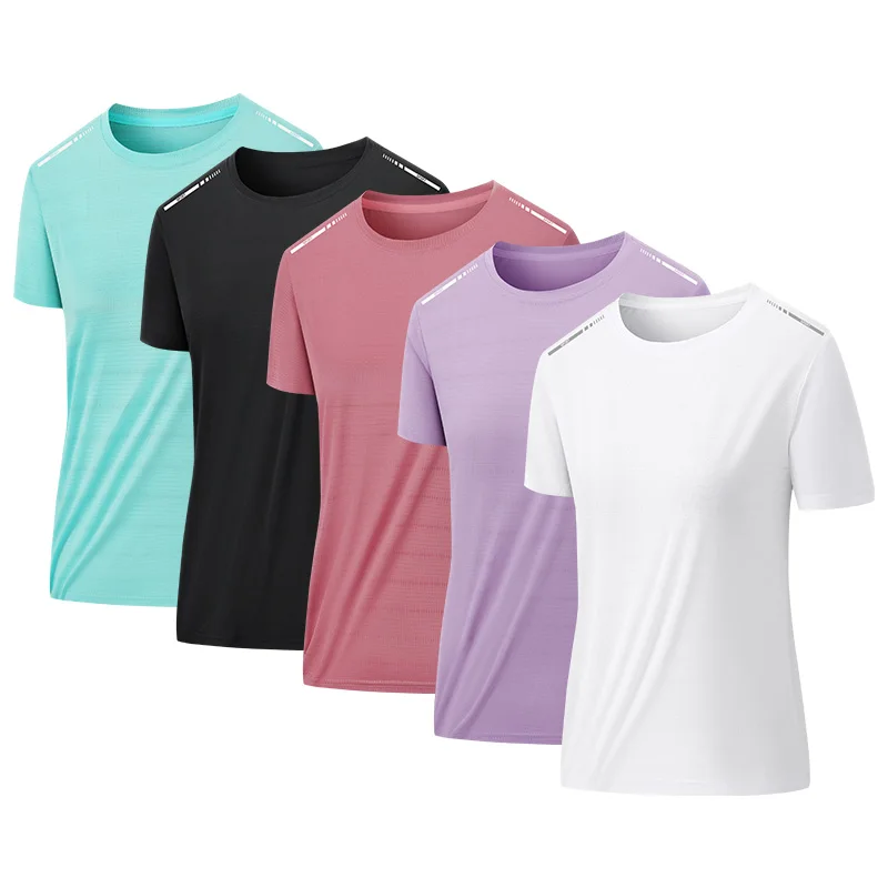 T-shirt estiva da donna in rete, traspirante, a maniche corte, con strisce riflettenti, per jogging all'aperto, fitness e sport, elasticizzata.