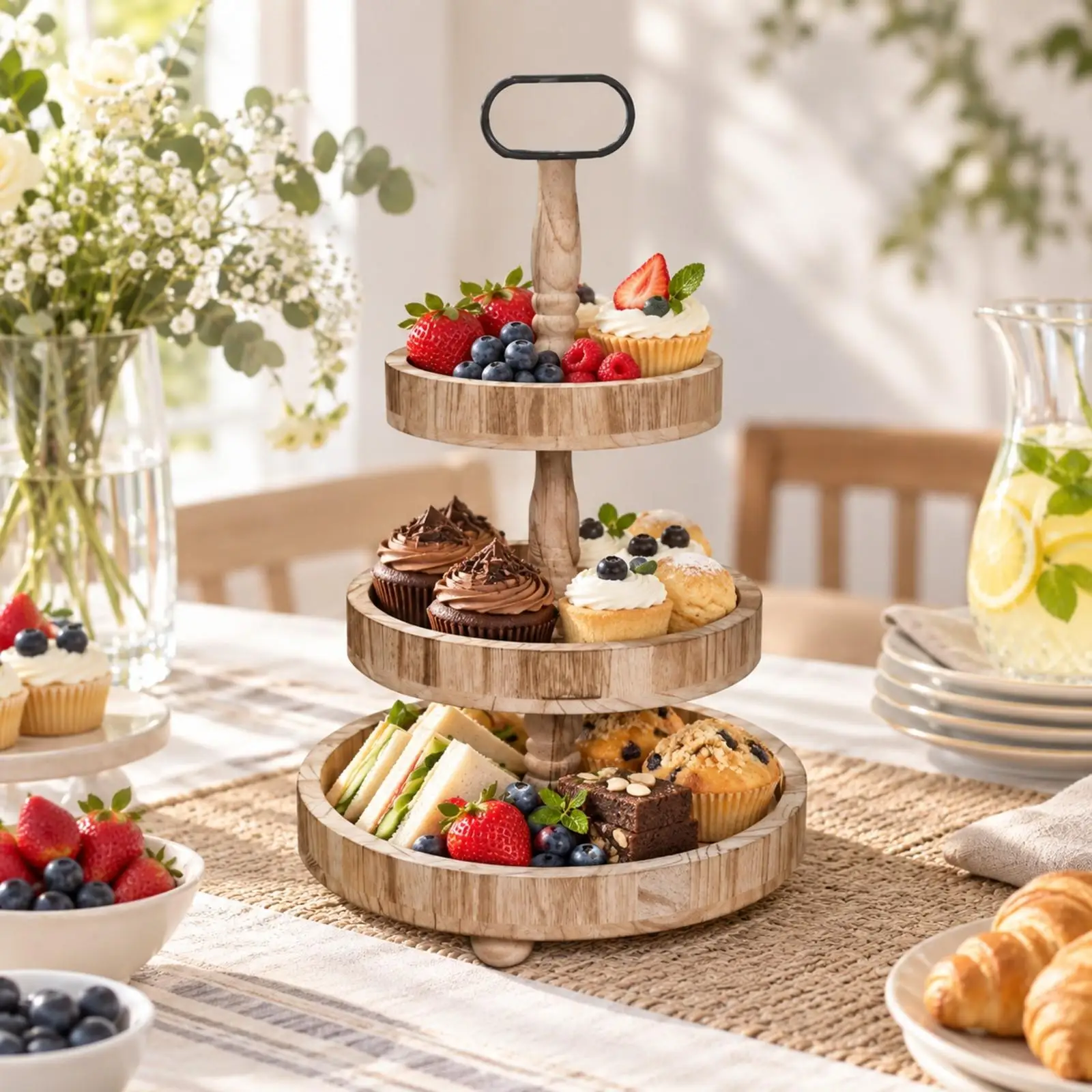 Decorative Wood Cake Stand with Three Round Trays for Fruit Sweets and Pastry Display at Buffet Tables