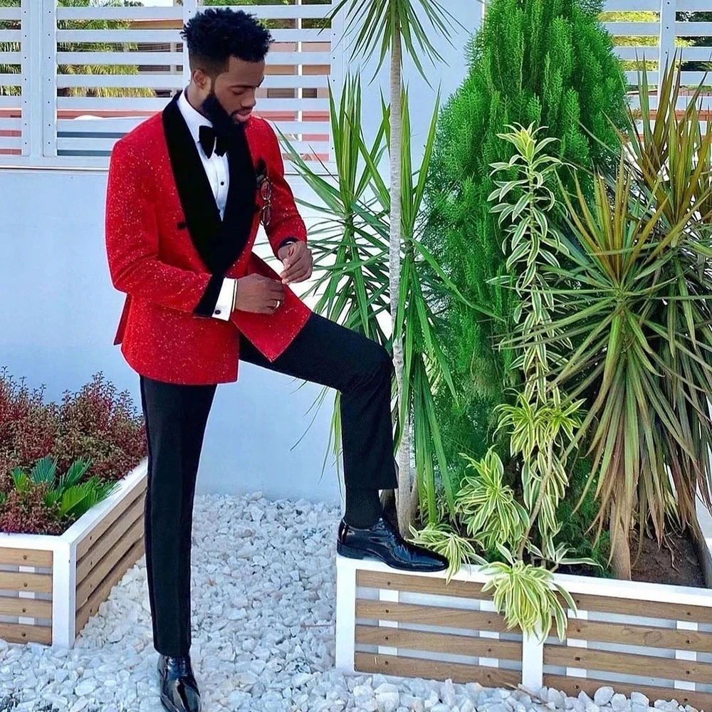 Trajes De Hombre con lentejuelas rojas brillantes, esmoquin De boda para novio, chaqueta De doble botonadura, vestido Formal De graduación De negocios, Traje De Hombre De 2 piezas