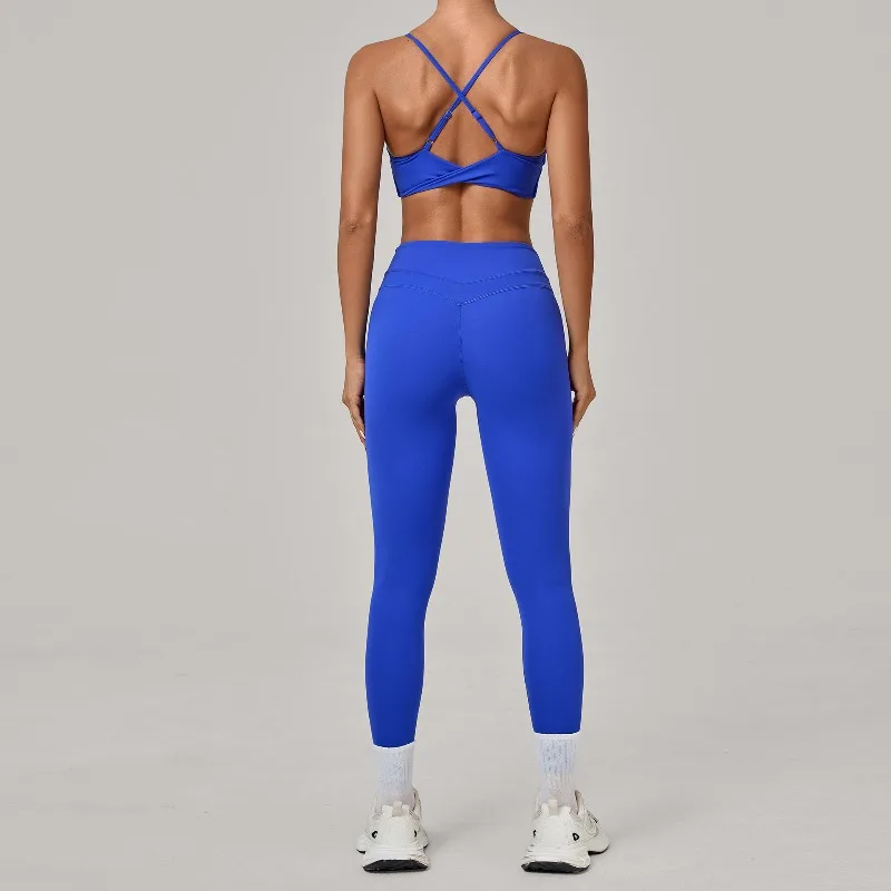 Nuovo set da yoga per donna, tracolla regolabile incrociata, reggiseno elastico a vita alta, pantaloni attillati, palestra, corsa, fitness, sport, yoga