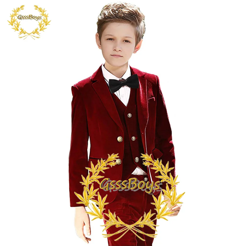 Boy Suits 4 Pieces Outfit Set Boys Velvet Suit Blazer Vest Pants Formal Tuxedo Slim Fit Dresswear for Child