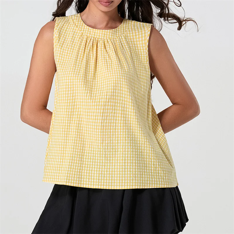 y2k Gingham Tank Top for Women Sleeveless Crew Neck Casual Loose Flowy Tunic Blouse Bow Tie Back Summer Shirt Tops