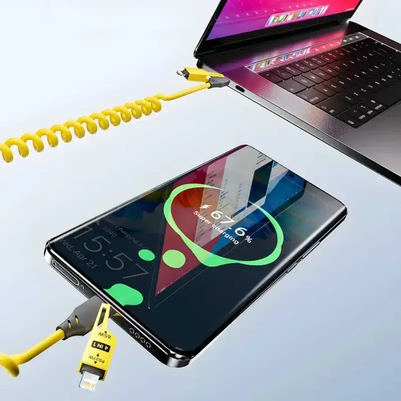 4 in 1 65W Spring Short Data Cable 6A USB Type C Spring Telescopic Quick Charger Wire Spring USB Cable for iPhone 15 14 13 12