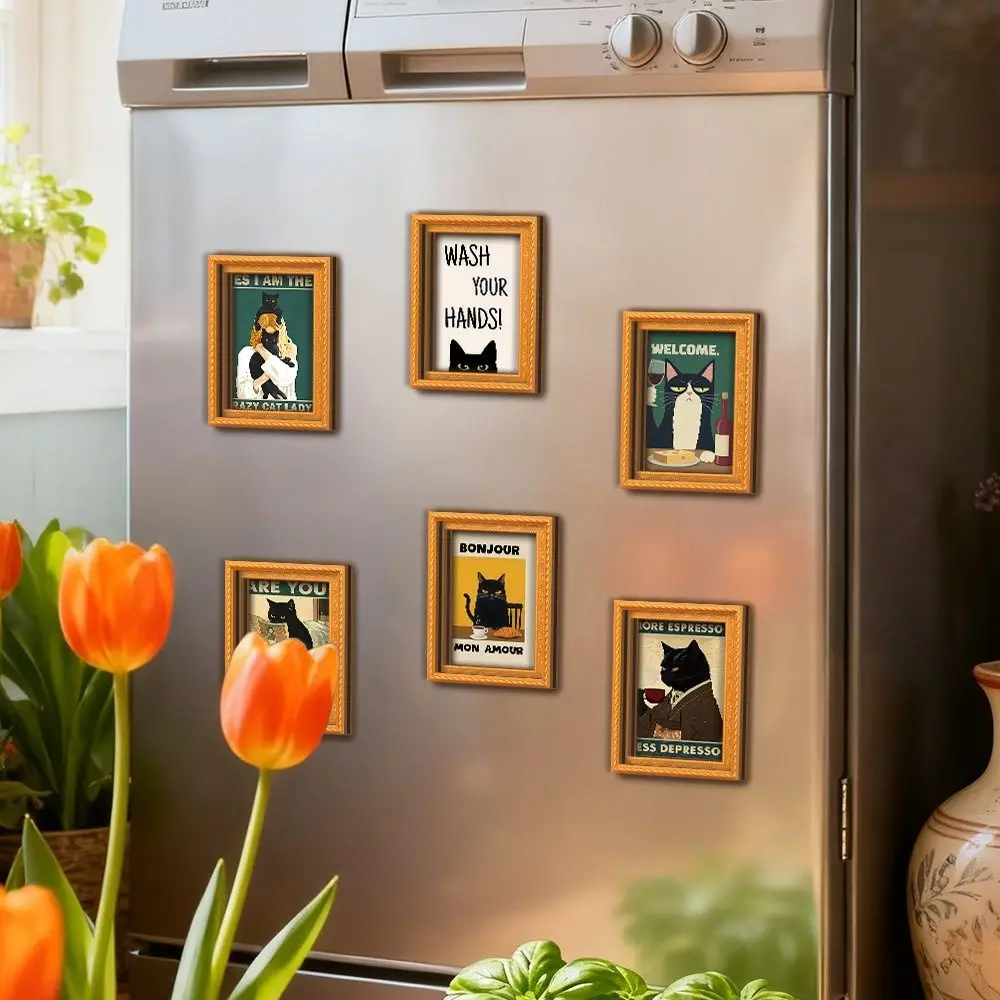 Oil Painting Style Cat Refrigerator Magnets Cat Art Print Funny Wooden Frame Fridge Magnets Cat Pattern Vintage