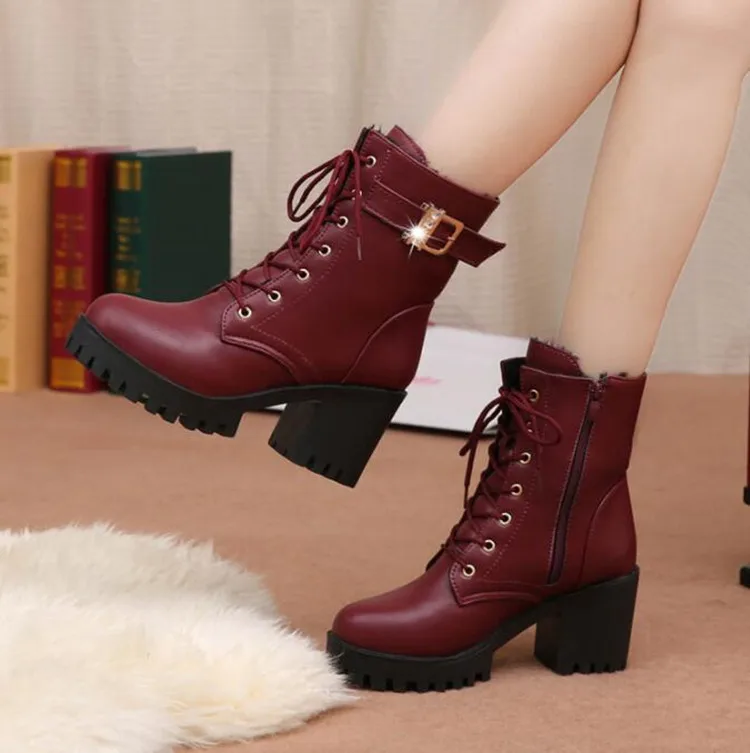 Hot Sale 2022 Women Boots Lace Up Flat Biker Wine Red Boots Shoes Buckle Woman Botas Women Boots