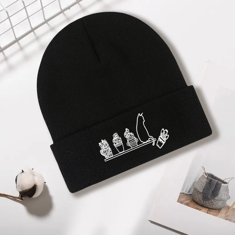

Autumn Winter Simple Retro Cartoon Cat Print Cold-Proof Knitted Hat Unisex Outdoor Universal Versatile Warm Knitted Hat