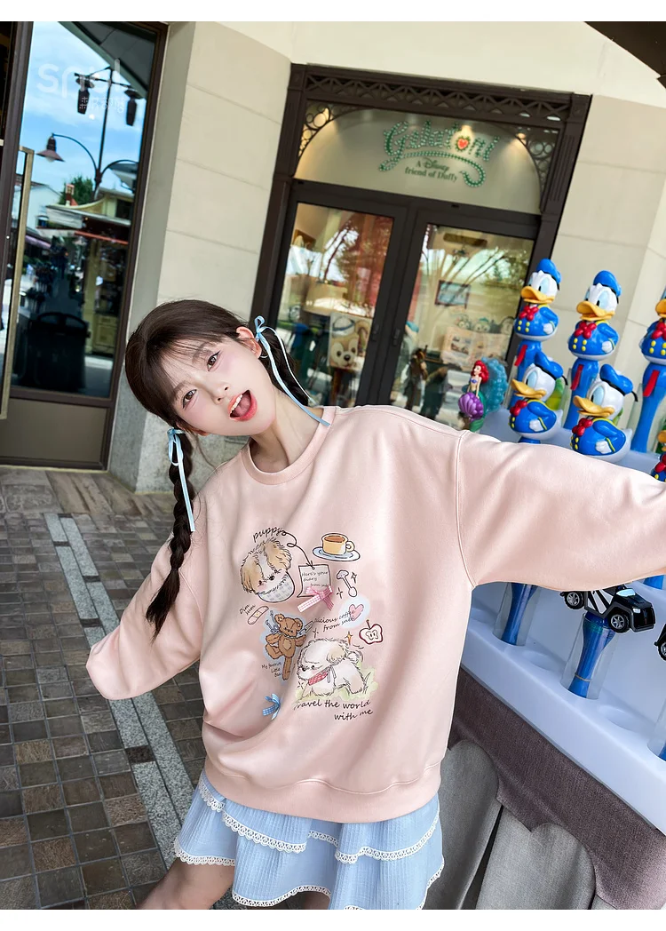 2025 Spring and Autumn New Women's Sweet Cute Cartoon Print Pink Round Neck Pullover Loose Long Sleeve Casual Hoodie