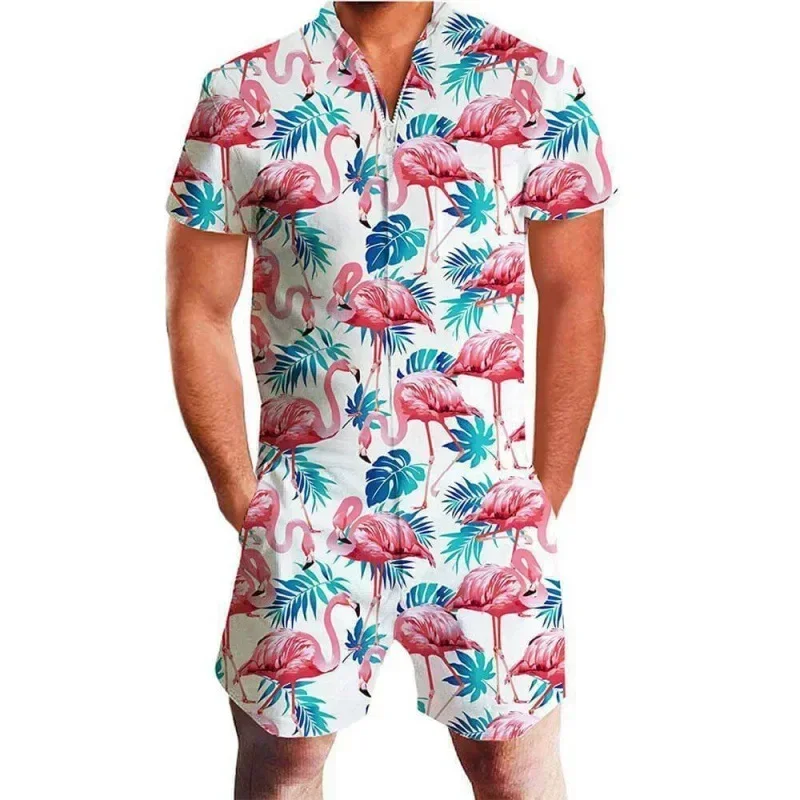 Men Rompers Oversized 3D Graphic Casual Short Sleeve Zipper Jumpsuit One Piece Overall Outfits Printed Beach Short Set Bodysuit