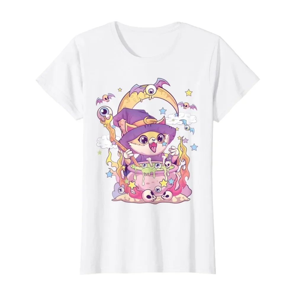 Pastel Goth Wiccan Cat Cute Creepy Witchy Cat and Skull T-Shirt Halloween Vintage Women Hombre Printed T Shirt Men Clothing