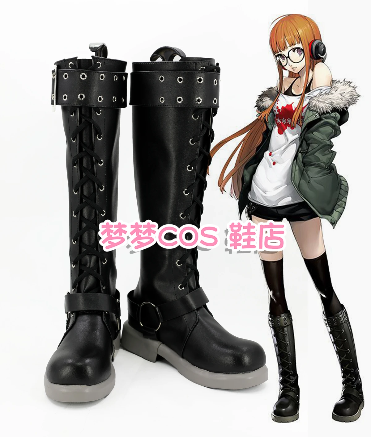 

P5 Futaba Sakura Cosplay Shoes Boots Anime Game Halloween Black Custom made Boots