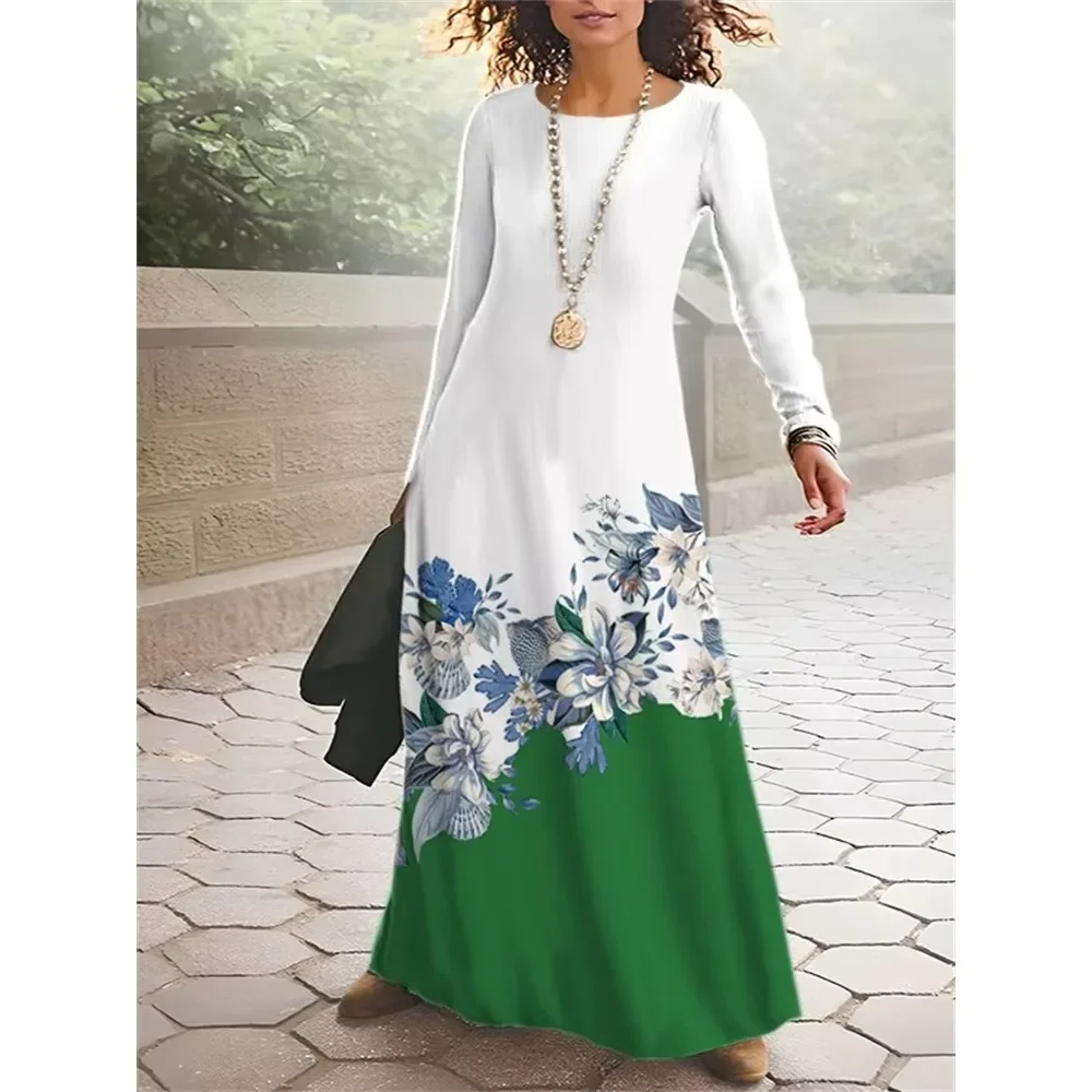 

Autumn Loose Long Dress Women O Neck Long Sleeve Flower Dress Fashion Casual Dresses Street Pocket Stylish Party Vestidos