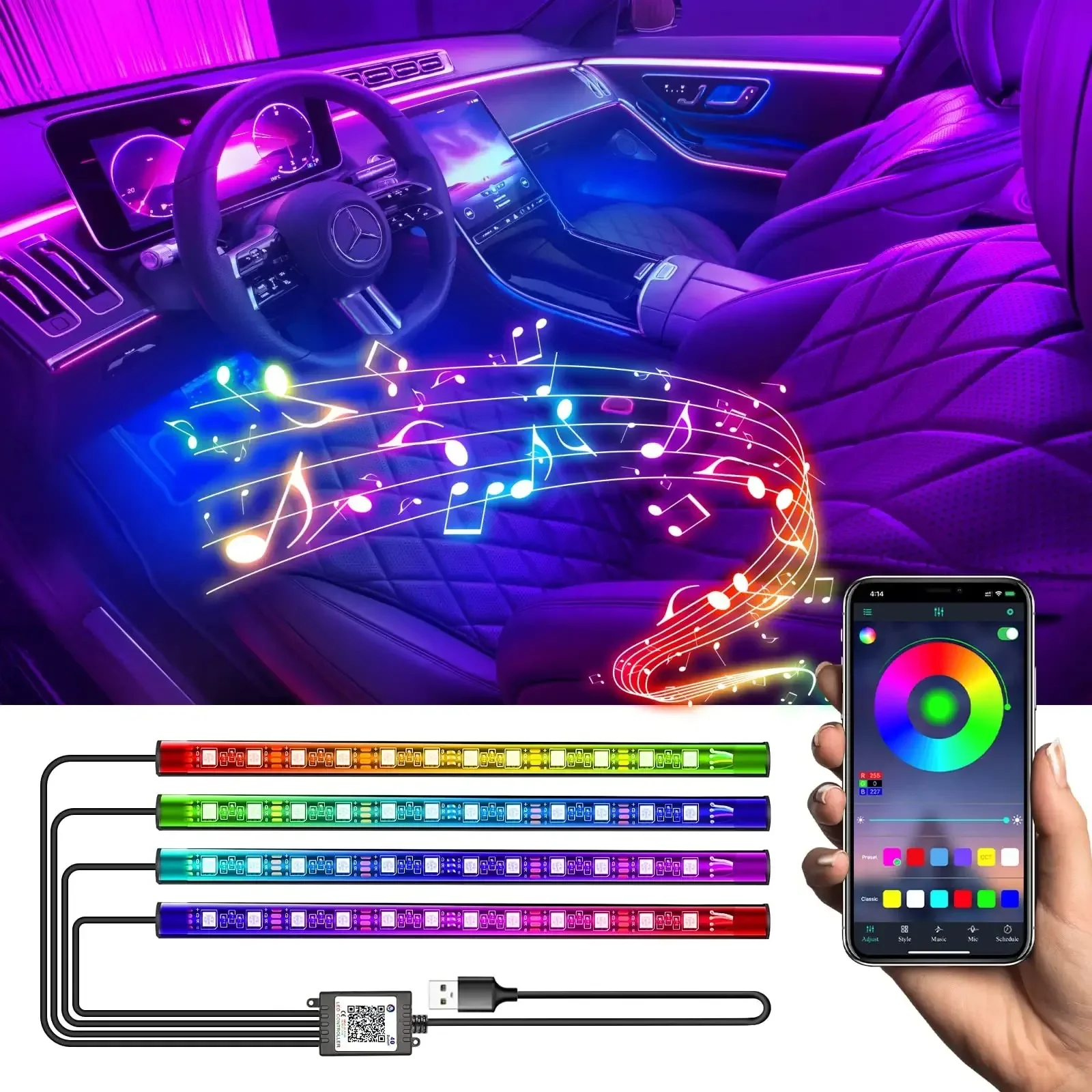 

LED Car Interior Ambient Foot Light Strip Neon Lighting Backlight Kit W/ USB Remote App Music Control Auto RGB Decorative Lamps