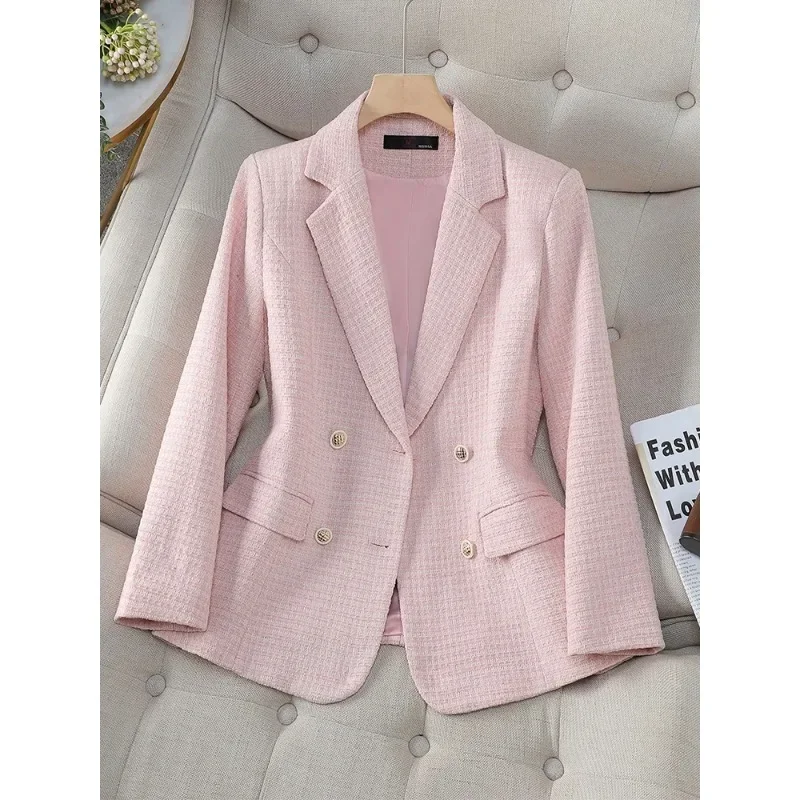 Blazer à carreaux à manches longues pour femmes, manteau décontracté pour dames, veste d'automne et d'hiver, décoration de boutons, rose, bleu, abricot