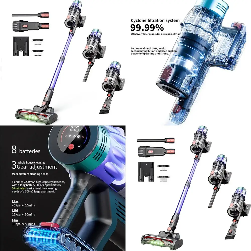 

Беспроводной пылесос 650 Вт, 40 кПа: 60 минут работы, LED-дисплей, для уборки шерсти животных и ковров, с док-станцией для самостоятельной установки