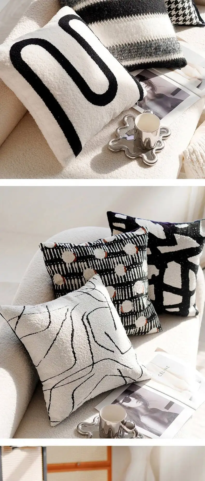Schwarz-weiße luxuriöse Vintage-Kissenbezüge mit Stickerei, moderne Chenille-Kissenbezüge aus weichem Kunstfell, dekorative Kissenhüllen für Sofa- und Bettdekoration – Detail 14