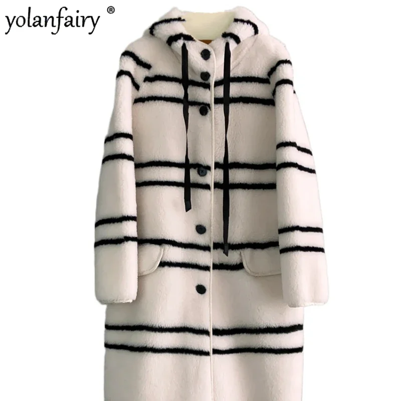 

2022 New 100% Wool Fur Coat Women Stripe Hooded Long Sheep Sheathed Composite Fur Jackets Thick Winter Top Women Abrigos Mujer F