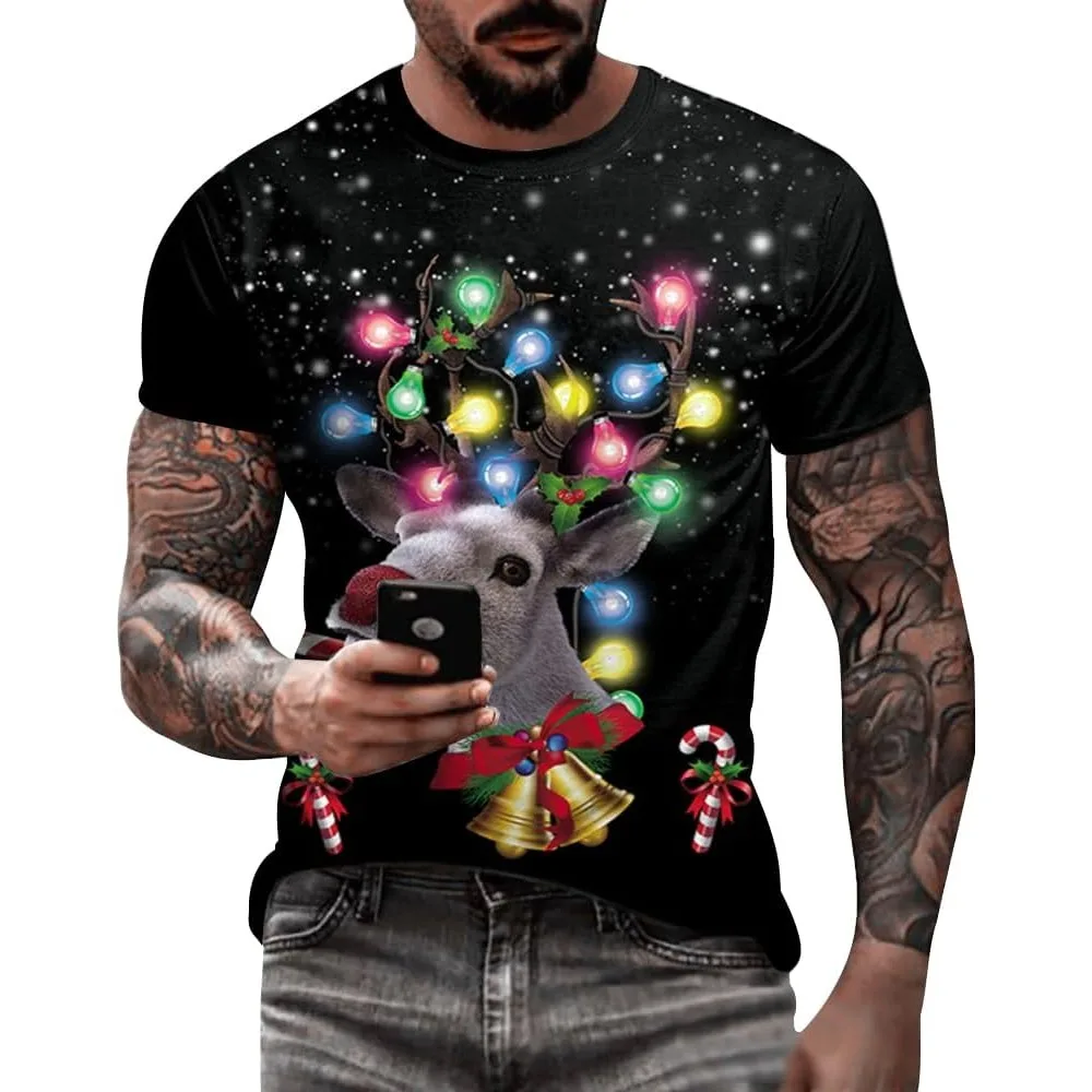 

Men's Ugly Christmas T-Shirts 3D Funny Shirt Christmas Tree Xmas Lights Novelty Short Sleeve Tee for Merry Party