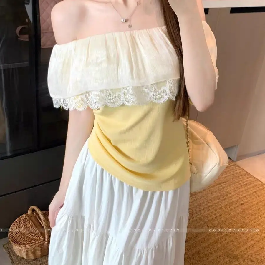 Large size women's clothing summer new thin cover meat lotus leaf edge splicing lace one-word shoulder short-sleeved t-shirt