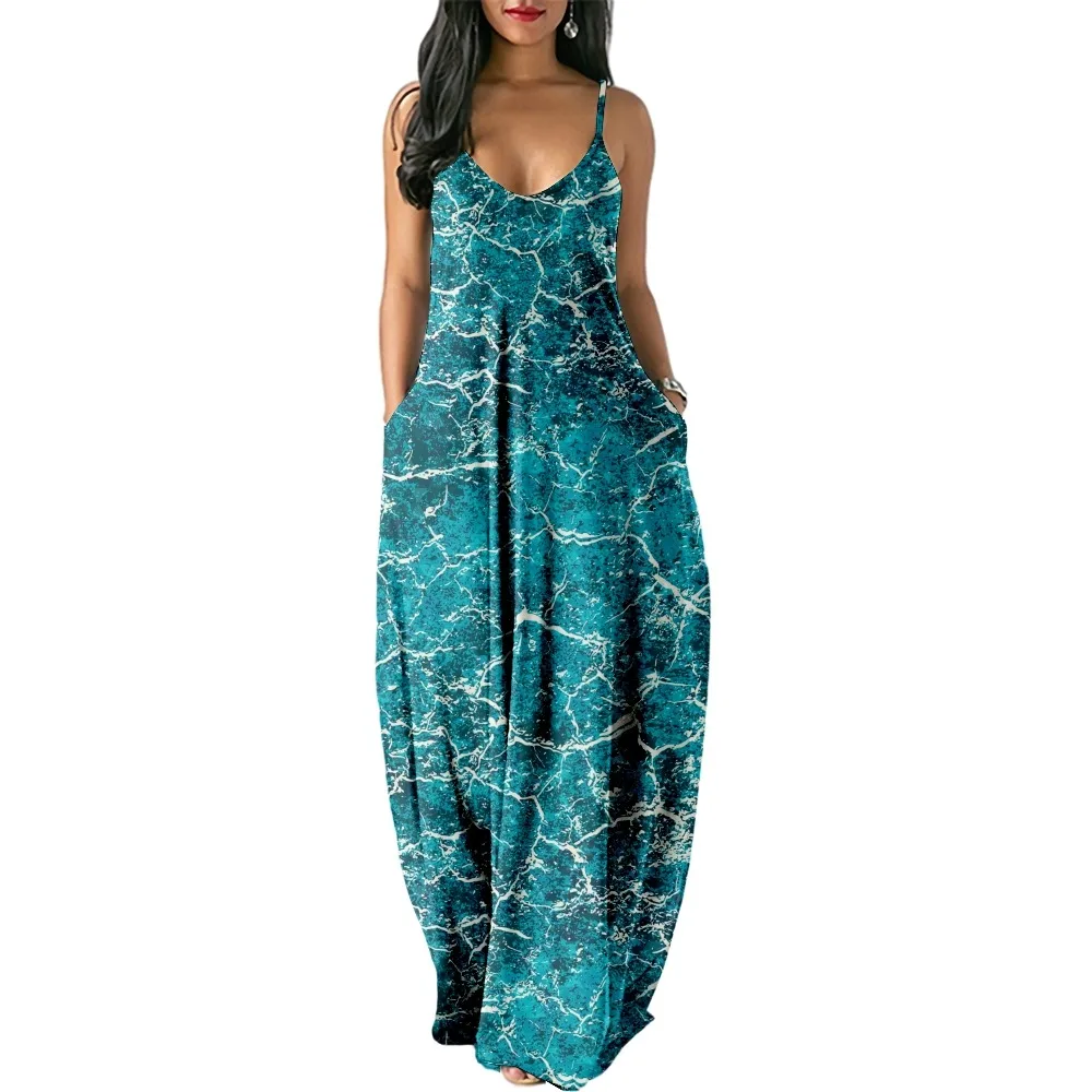 

Water pattern Print Patchwork Print Women Casual Short Sleeve Dress Loose Long Double Pocket Beach Resort -Woman Dress