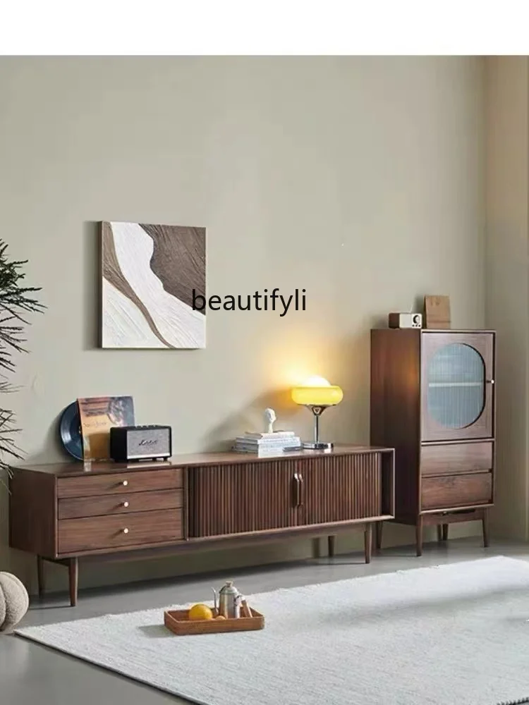 

3Nordic Solid Wood TV Cabinet Black Walnut Color Simple and Modern Coffee Table Combination Living Room Furniture