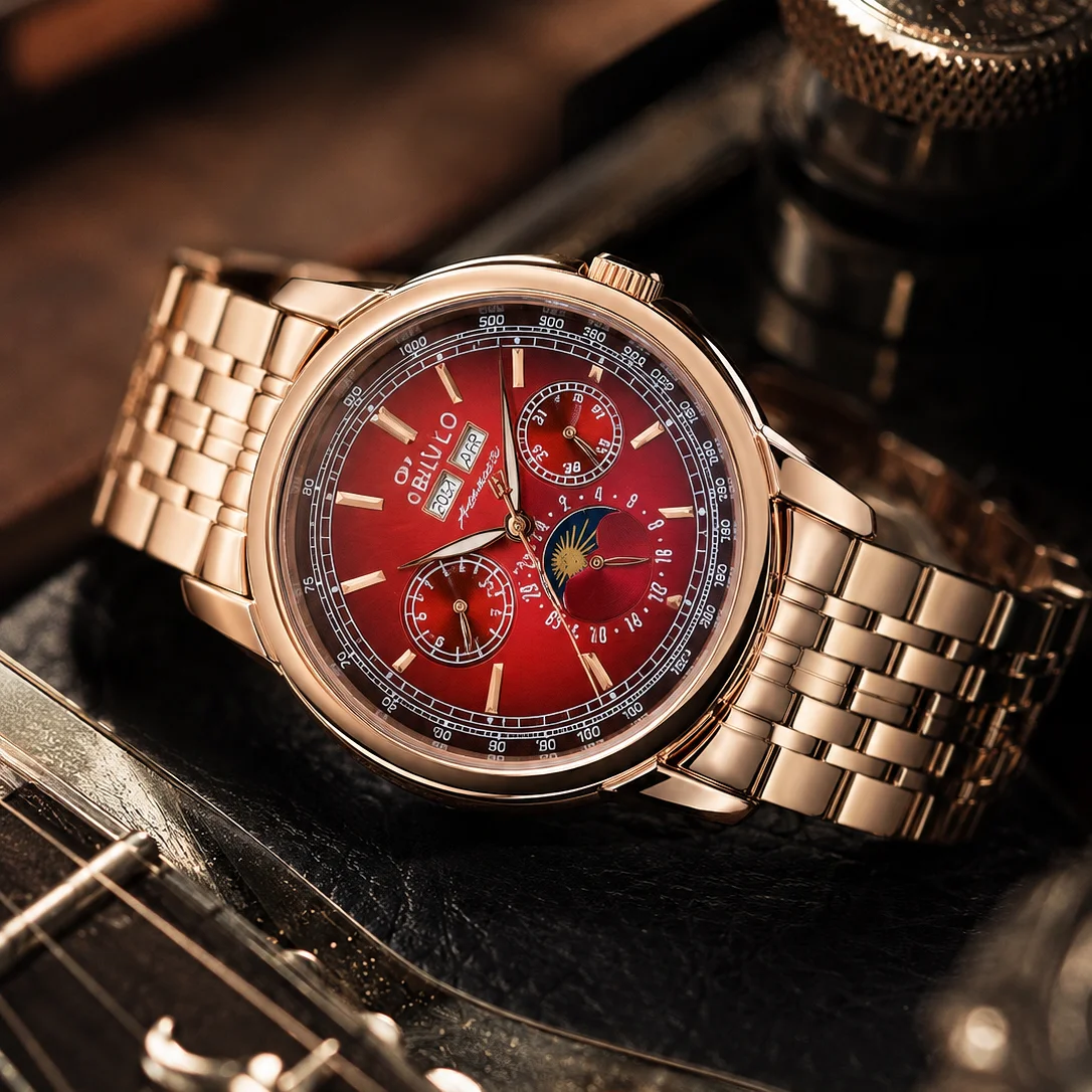 OBLVLO Luxury Men's Rose Gold Watch Red Dial Moonphase Automatic Mechanism Complete Calendar Classic GCM-S Bracelet Band