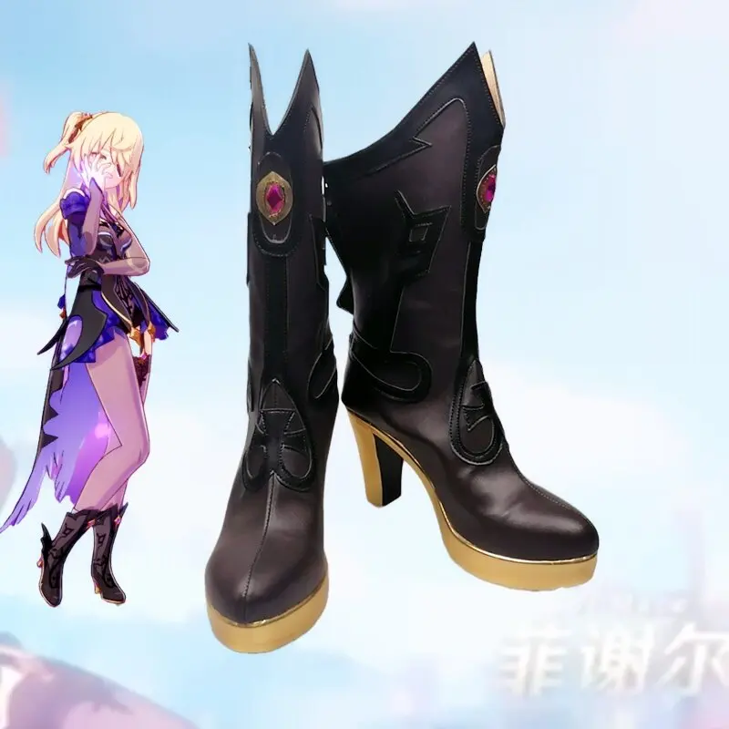 Anime Genshin Impact Fischl Cosplay Shoes Deep Brown High Heels Short PU Leather Boots For Halloween Carnival
