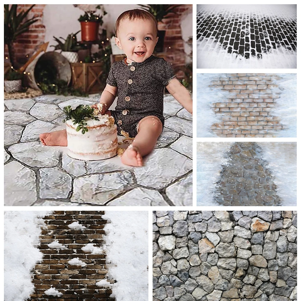 Winter Christmas Snow Brick Photography Background Stone Floor Baby Shower Cake Smash Kids Family Portrait Backdrop Studio Props