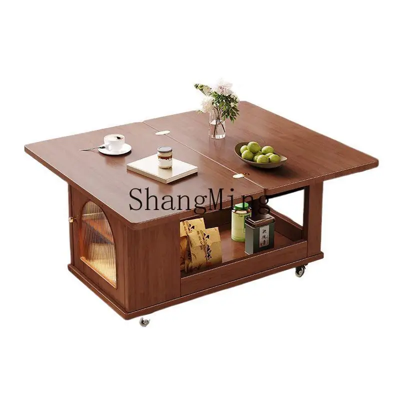 ZYYgood-looking solid wood foldable tea table mobile coffee table small apartment living room household sofaside cabinet trolley