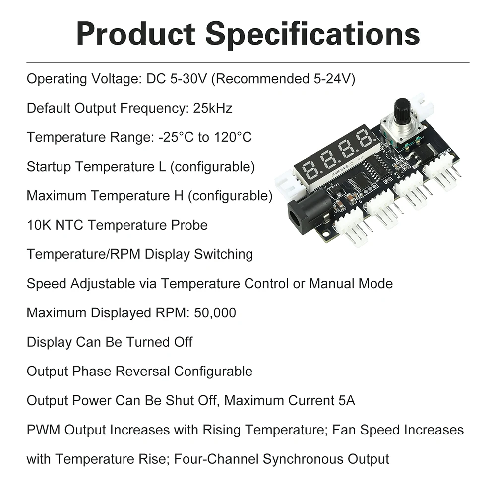Vierkanaliger PWM-Lüftergeschwindigkeitsregler mit Digitalanzeige, 5-24V Weitspannung, 5A Hochleistungs-Kühlmodul für PC-Hardware – Detail 7