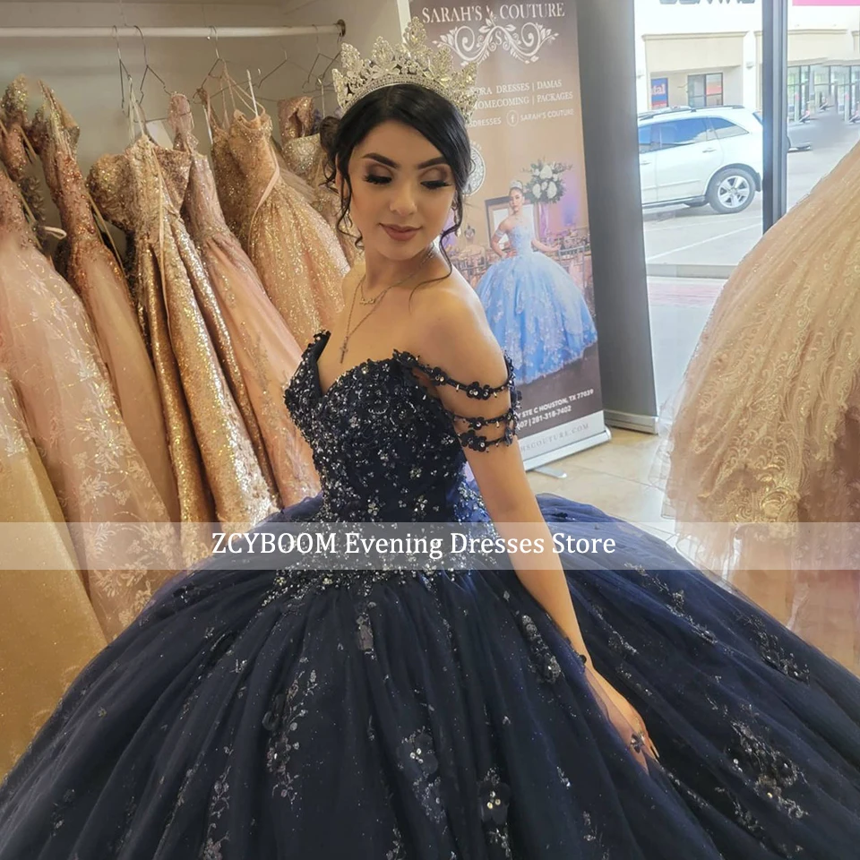 Customized 2025 Luxury Navy Blue Princess Ball Gown Quinceanera Dress Appliques Bead Birthday Party