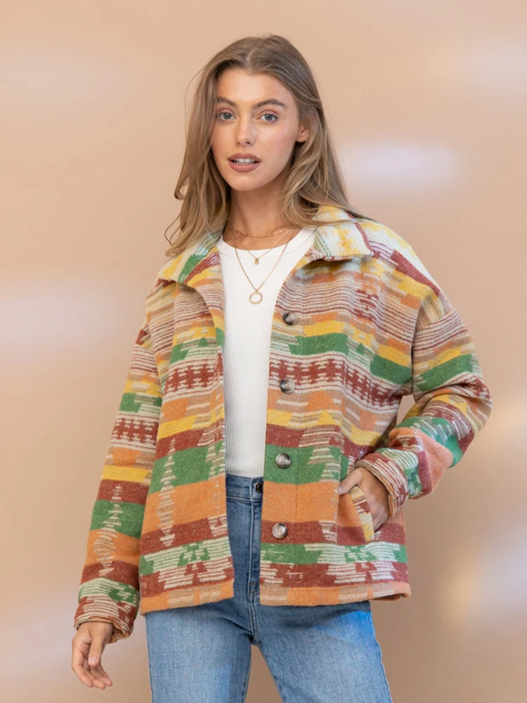 2023 Winter Aztec Shacket Women\'s Jacket Loose Vintage Boho Single-breasted Cotton Jackets For Women Casual Wool Printed Jacket