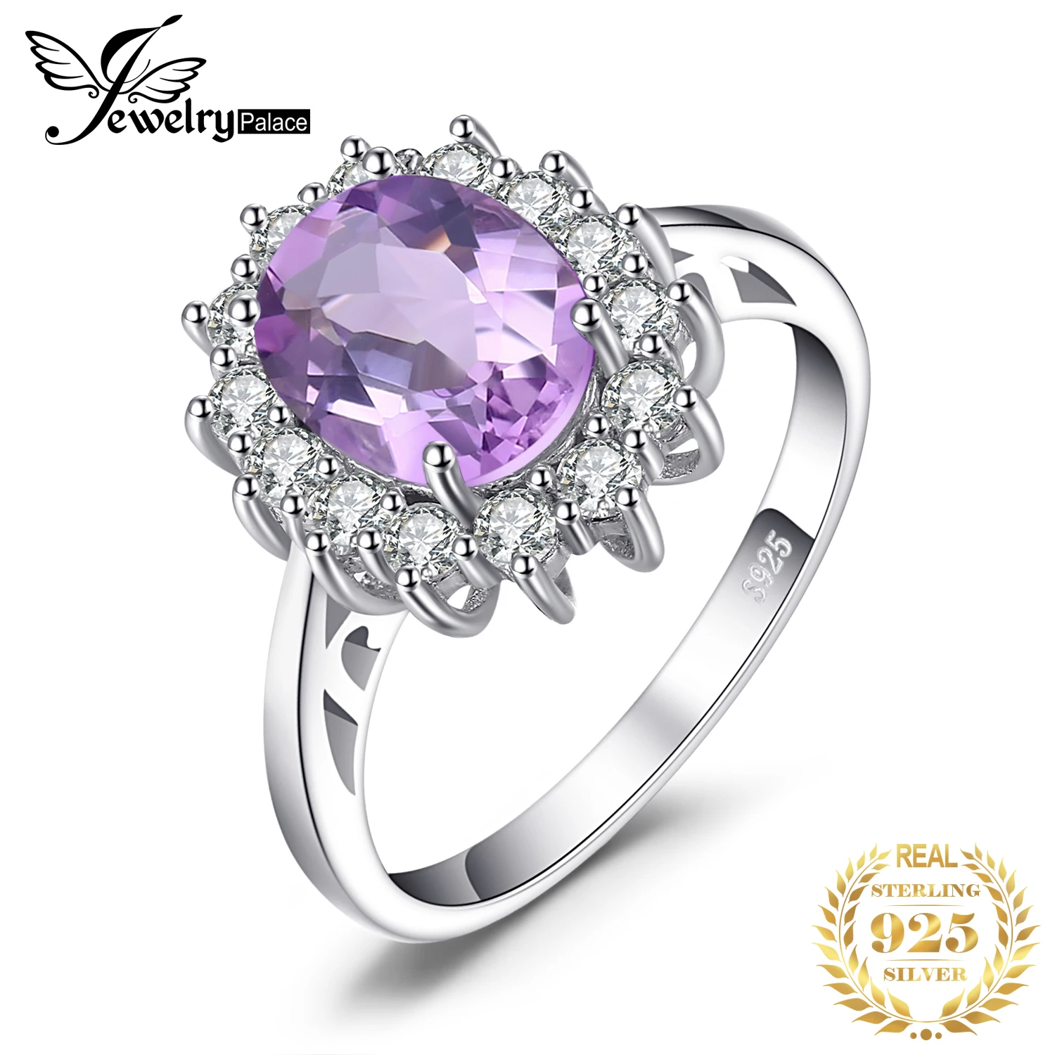 JewelryPalace 1.7ct Diana Natural Amethyst 925 Sterling Silver Halo Ring for Woman Wedding Engagement Fine Jewelry Fashion Gift