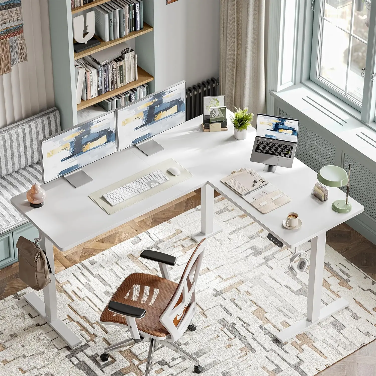 L Shaped Standing Desk Adjustable Height, Electric Corner Standing Desk, 63 X 55 Inch Sit Stand Computer Table With Splice Board