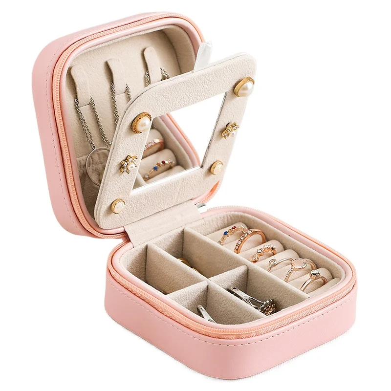 Mirror Jewelry Box Organizer Display Travel Jewelry Zipper Case Boxes PU Leather Portable Earrings Necklace Ring Jewelry Box