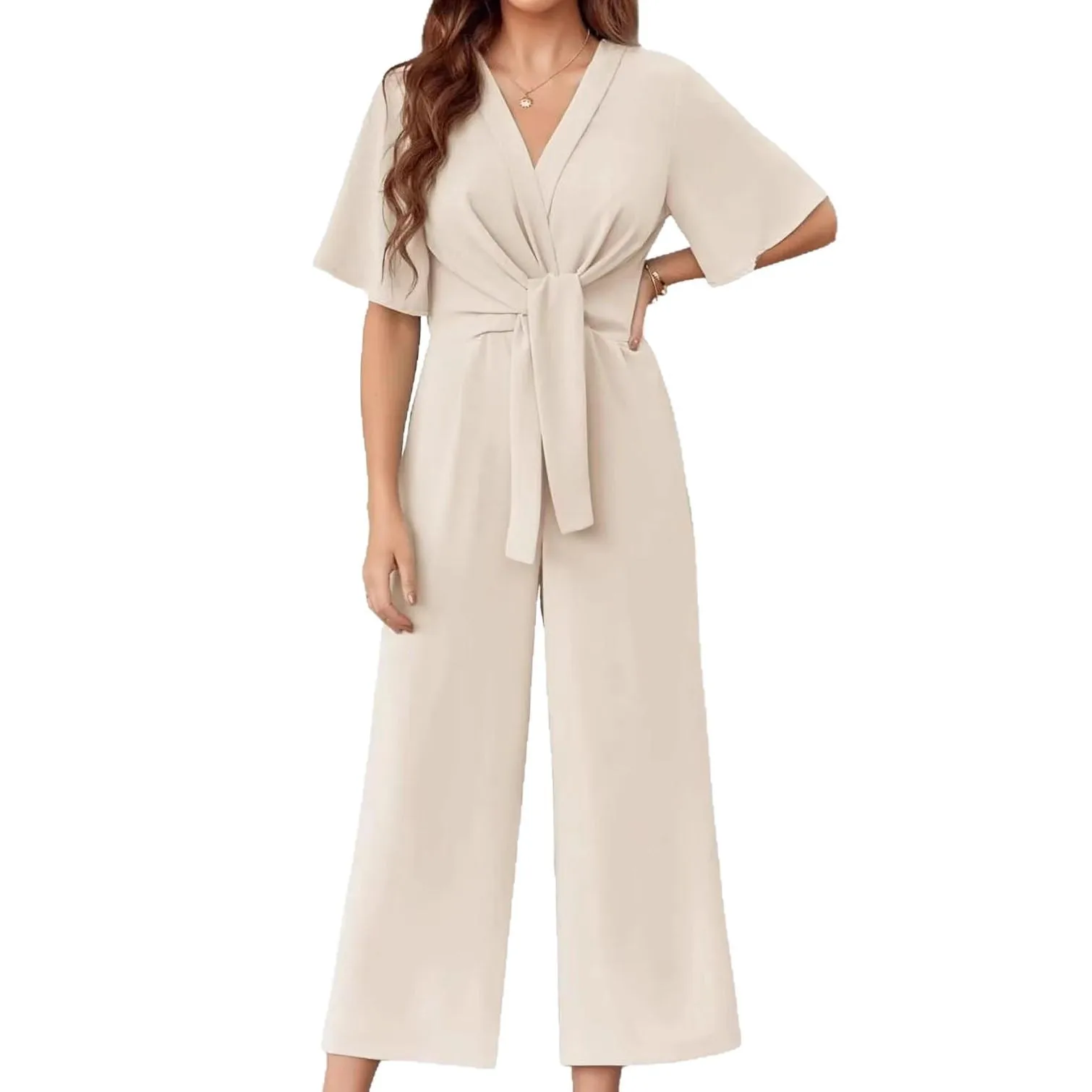 

Summer New Fashion 2025 Women's Solid Color Casual Trendy Loose V-neck Short Sleeve Simple Jumpsuits Female Clothes Trousers