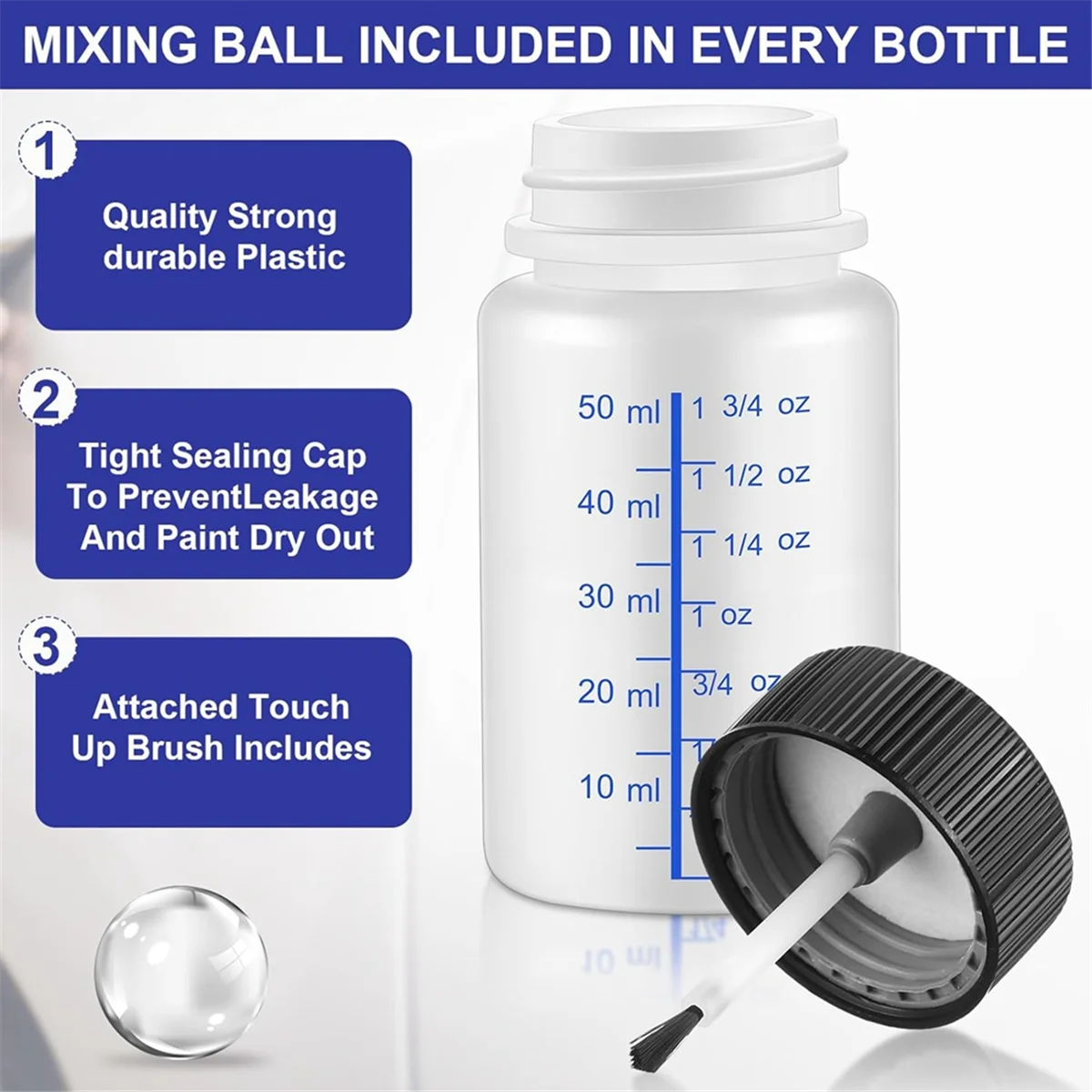 Botellas de pintura para retocar, 60 uds., con pincel aplicador y tapas, plástico de capacidad líquida de 2 Oz y 1 Oz para fijar piedra de pared